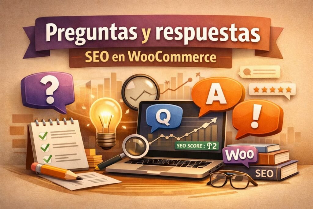 Ilustración editorial de preguntas y respuestas sobre SEO en WooCommerce con íconos de búsqueda, análisis y optimización.